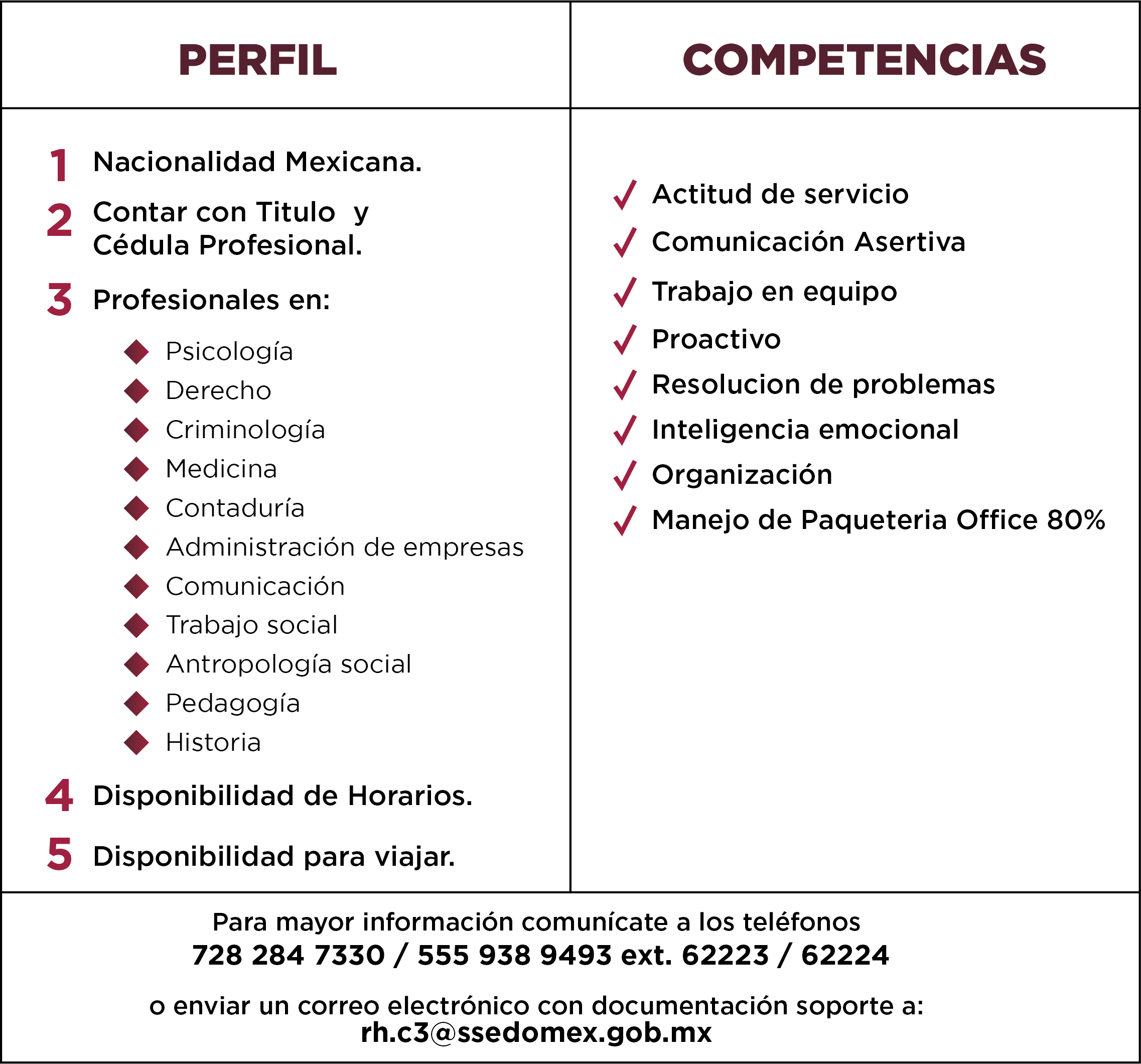 Tabla de convocatorias y vacantes disponibles en la Bolsa de Trabajo